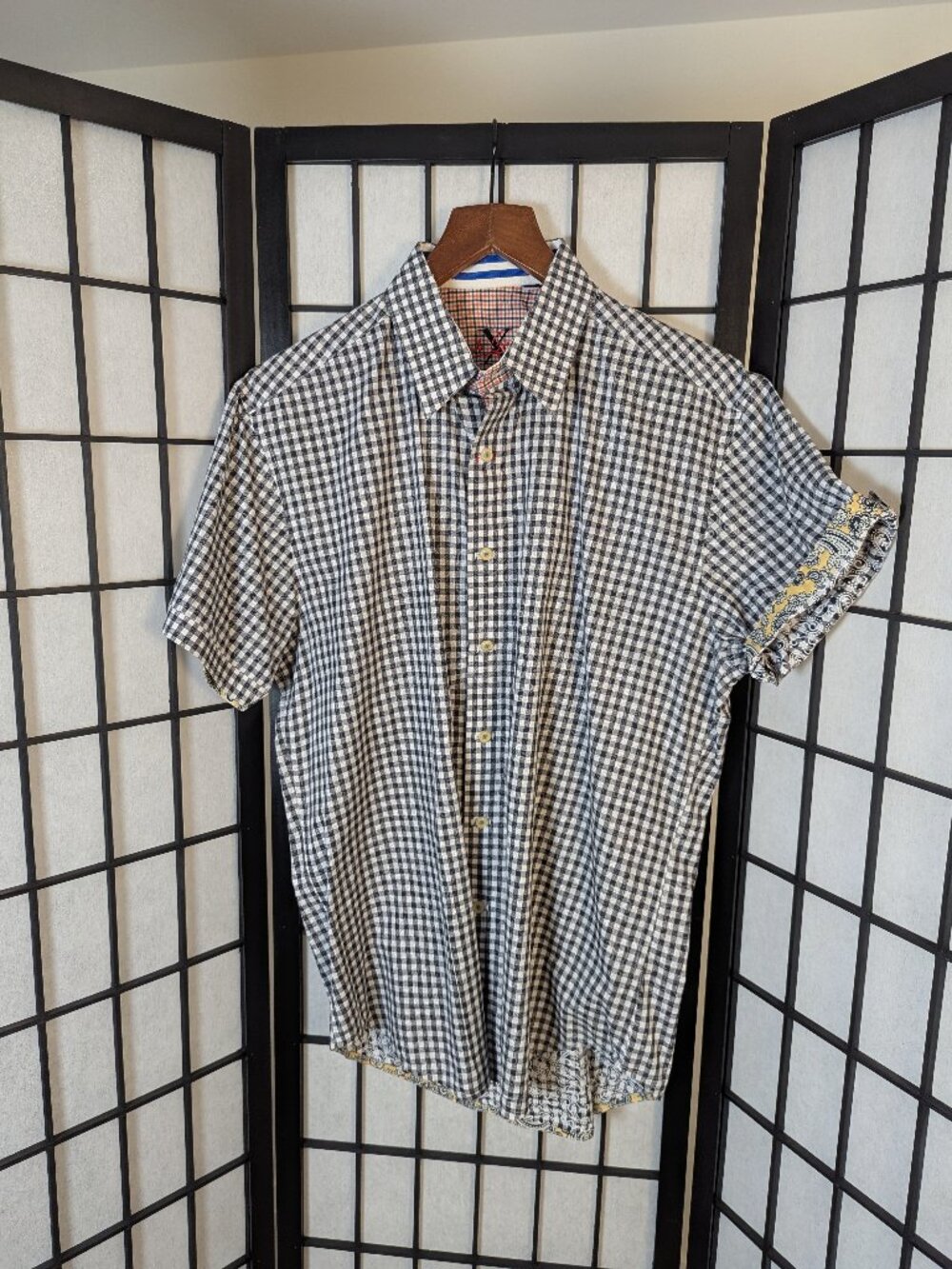 Robert Graham Gingham Paisley Trim SS Shirt | Resort Cruise Vacation | Sz L